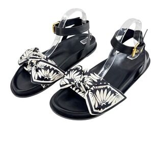 Farm Rio Copacabana Scarf Flat Sandals Bow Ankle Strap Women's Size 11 Black NEW